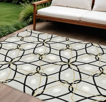 9' X 12' White And Black Geometric Washable Indoor Outdoor Area Rug