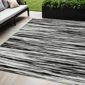 5' X 8' Black And Ivory Abstract Washable Indoor Outdoor Area Rug