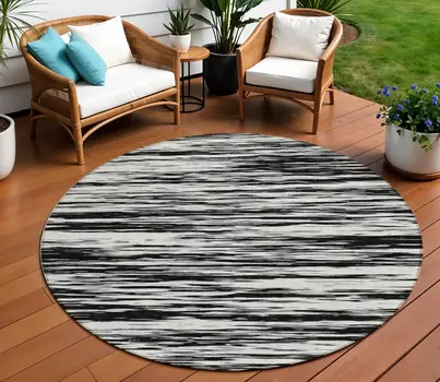8' Black And Ivory Round Abstract Washable Indoor Outdoor Area Rug