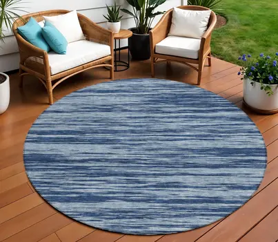 8' Blue And Navy Blue Round Abstract Washable Indoor Outdoor Area Rug