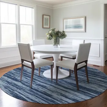 8' Blue And Navy Blue Round Abstract Washable Indoor Outdoor Area Rug