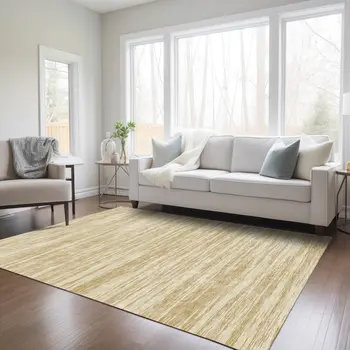 9' X 12' Gold And Ivory Abstract Washable Indoor Outdoor Area Rug