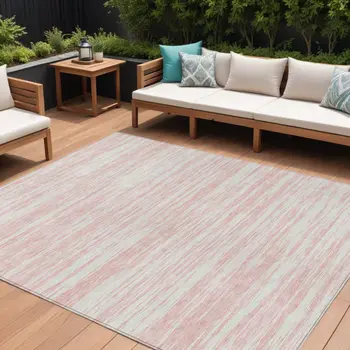 9' X 12' Pink And Ivory Abstract Washable Indoor Outdoor Area Rug