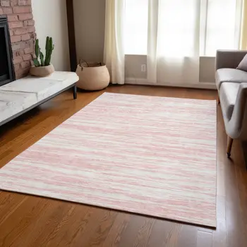 9' X 12' Pink And Ivory Abstract Washable Indoor Outdoor Area Rug