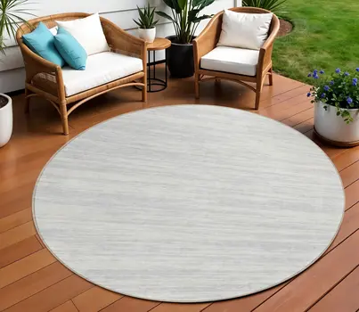 8' Silver And Ivory Round Abstract Washable Indoor Outdoor Area Rug