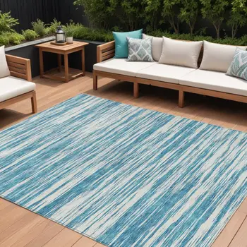 10' X 14' Teal Blue And Ivory Abstract Washable Indoor Outdoor Area Rug