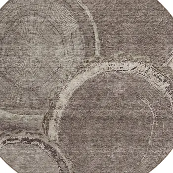 8' Chocolate And Beige Round Faux Bois Washable Indoor Outdoor Area Rug