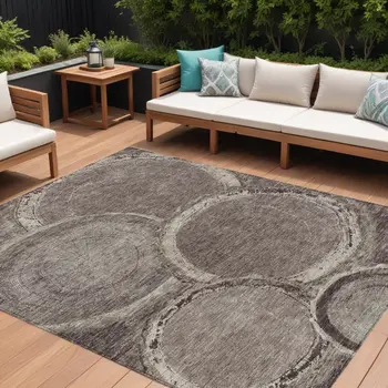9' X 12' Chocolate And Beige Faux Bois Washable Indoor Outdoor Area Rug