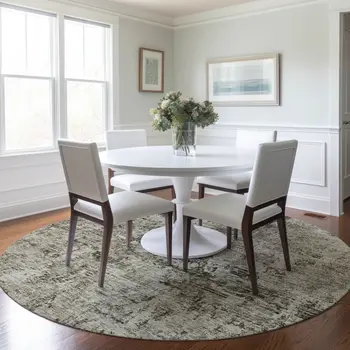 8' Beige And Taupe Round Abstract Washable Indoor Outdoor Area Rug