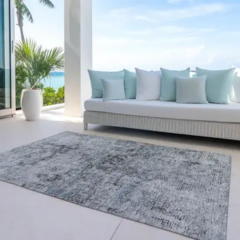 8' X 10' Gray And Silver Abstract Washable Indoor Outdoor Area Rug