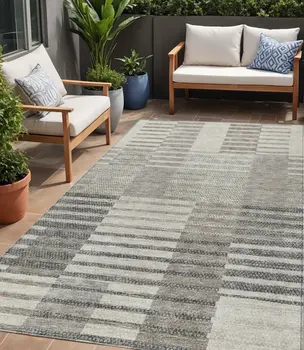 5' X 8' Beige Ivory And Taupe Striped Washable Indoor Outdoor Area Rug