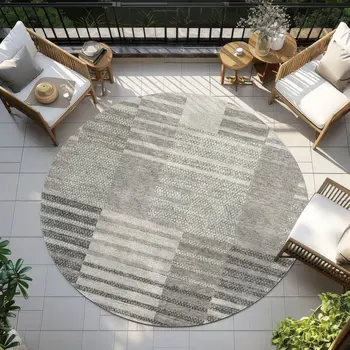 8' Beige Ivory And Taupe Round Striped Washable Indoor Outdoor Area Rug