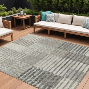 8' X 10' Beige Ivory And Taupe Striped Washable Indoor Outdoor Area Rug
