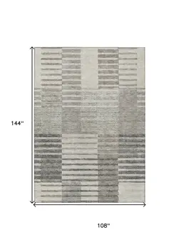 9' X 12' Beige Ivory And Taupe Striped Washable Indoor Outdoor Area Rug