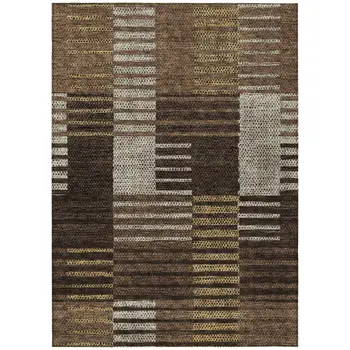 5' X 8' Chocolate Ivory And Gold Striped Washable Indoor Outdoor Area Rug