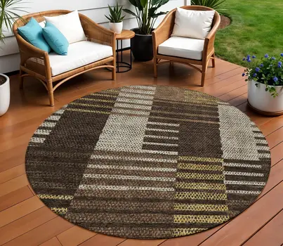 8' Chocolate Ivory And Gold Round Striped Washable Indoor Outdoor Area Rug