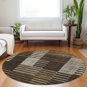 8' Chocolate Ivory And Gold Round Striped Washable Indoor Outdoor Area Rug