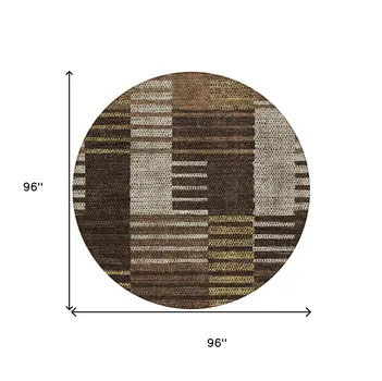 8' Chocolate Ivory And Gold Round Striped Washable Indoor Outdoor Area Rug
