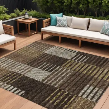 8' X 10' Chocolate Ivory And Gold Striped Washable Indoor Outdoor Area Rug
