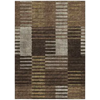 10' X 14' Chocolate Ivory And Gold Striped Washable Indoor Outdoor Area Rug