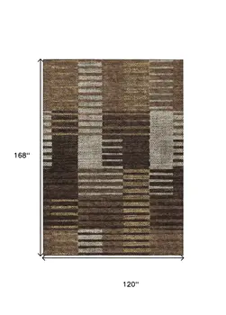 10' X 14' Chocolate Ivory And Gold Striped Washable Indoor Outdoor Area Rug