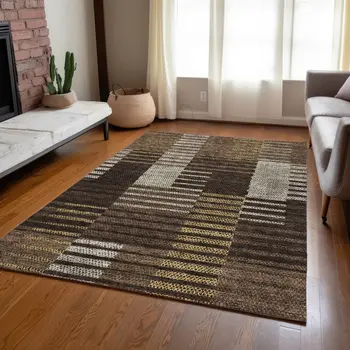 10' X 14' Chocolate Ivory And Gold Striped Washable Indoor Outdoor Area Rug