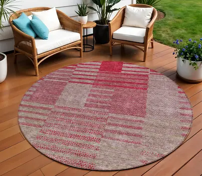 8' Burgundy Pink And Blush Round Striped Washable Indoor Outdoor Area Rug