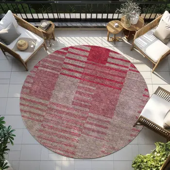 8' Burgundy Pink And Blush Round Striped Washable Indoor Outdoor Area Rug