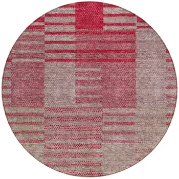 8' Burgundy Pink And Blush Round Striped Washable Indoor Outdoor Area Rug