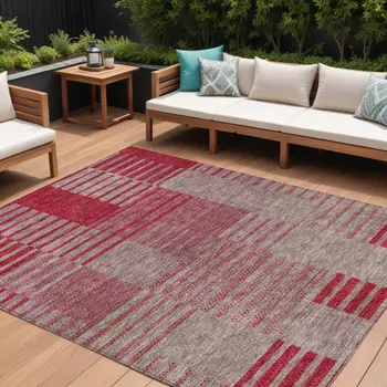 8' X 10' Burgundy Pink And Blush Striped Washable Indoor Outdoor Area Rug
