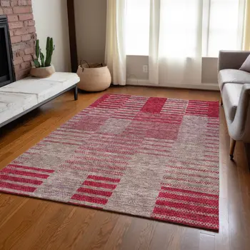 8' X 10' Burgundy Pink And Blush Striped Washable Indoor Outdoor Area Rug