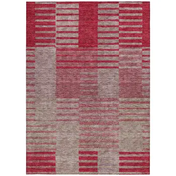 9' X 12' Burgundy Pink And Blush Striped Washable Indoor Outdoor Area Rug