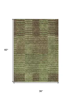 3' X 5' Brown Taupe And Green Striped Washable Indoor Outdoor Area Rug