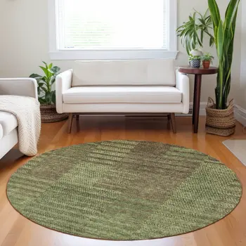 8' Brown Taupe And Green Round Striped Washable Indoor Outdoor Area Rug