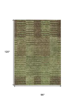 8' X 10' Brown Taupe And Green Striped Washable Indoor Outdoor Area Rug
