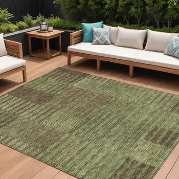 8' X 10' Brown Taupe And Green Striped Washable Indoor Outdoor Area Rug