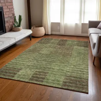 9' X 12' Brown Taupe And Green Striped Washable Indoor Outdoor Area Rug