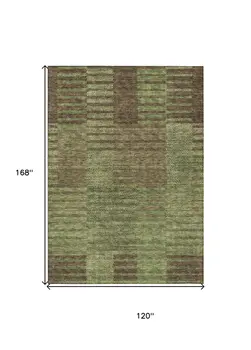 10' X 14' Brown Taupe And Green Striped Washable Indoor Outdoor Area Rug