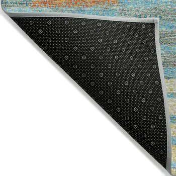 3' X 5' Teal Blue Orange And Sky Blue Striped Washable Indoor Outdoor Area Rug