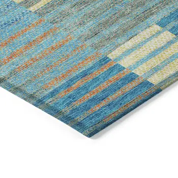 3' X 5' Teal Blue Orange And Sky Blue Striped Washable Indoor Outdoor Area Rug