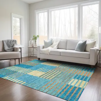3' X 5' Teal Blue Orange And Sky Blue Striped Washable Indoor Outdoor Area Rug