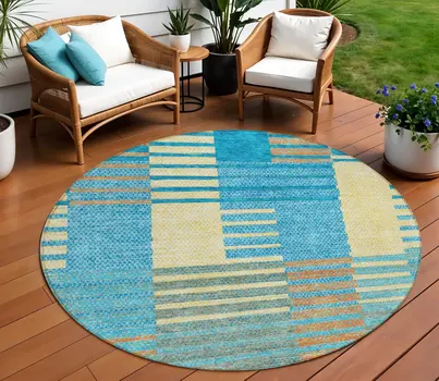 8' Teal Blue Orange And Sky Blue Round Striped Washable Indoor Outdoor Area Rug