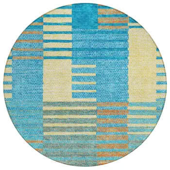 8' Teal Blue Orange And Sky Blue Round Striped Washable Indoor Outdoor Area Rug