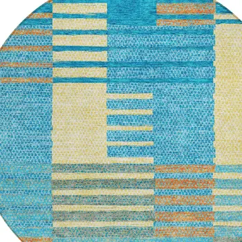 8' Teal Blue Orange And Sky Blue Round Striped Washable Indoor Outdoor Area Rug