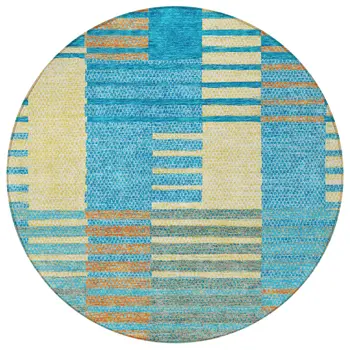 8' Teal Blue Orange And Sky Blue Round Striped Washable Indoor Outdoor Area Rug