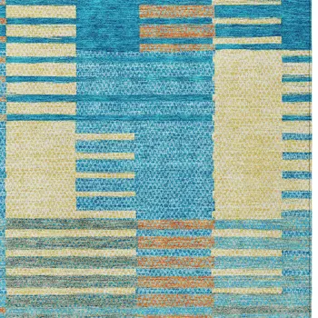 9' X 12' Teal Blue Orange And Sky Blue Striped Washable Indoor Outdoor Area Rug