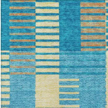10' X 14' Teal Blue Orange And Sky Blue Striped Washable Indoor Outdoor Area Rug