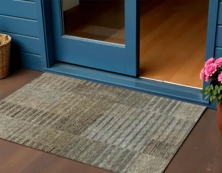 3' X 5' Taupe Brown And Gray Striped Washable Indoor Outdoor Area Rug