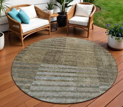 8' Taupe Brown And Gray Round Striped Washable Indoor Outdoor Area Rug