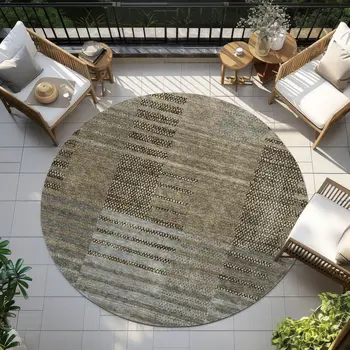 8' Taupe Brown And Gray Round Striped Washable Indoor Outdoor Area Rug